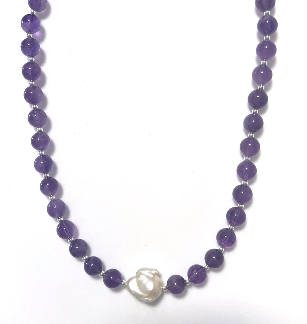 Australian Handmade Purple Necklace with Dark Amethyst and Baroque Pearl Centrepiece