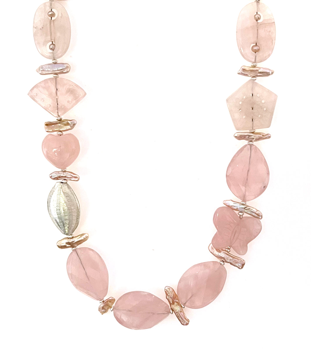 Australian Handmade Pink Necklace with Rose Quartz Biwa Pearls and Sterling Silver