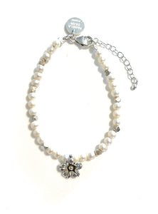 Pearl Bracelet with Sterling Silver Beads and Flower Charm