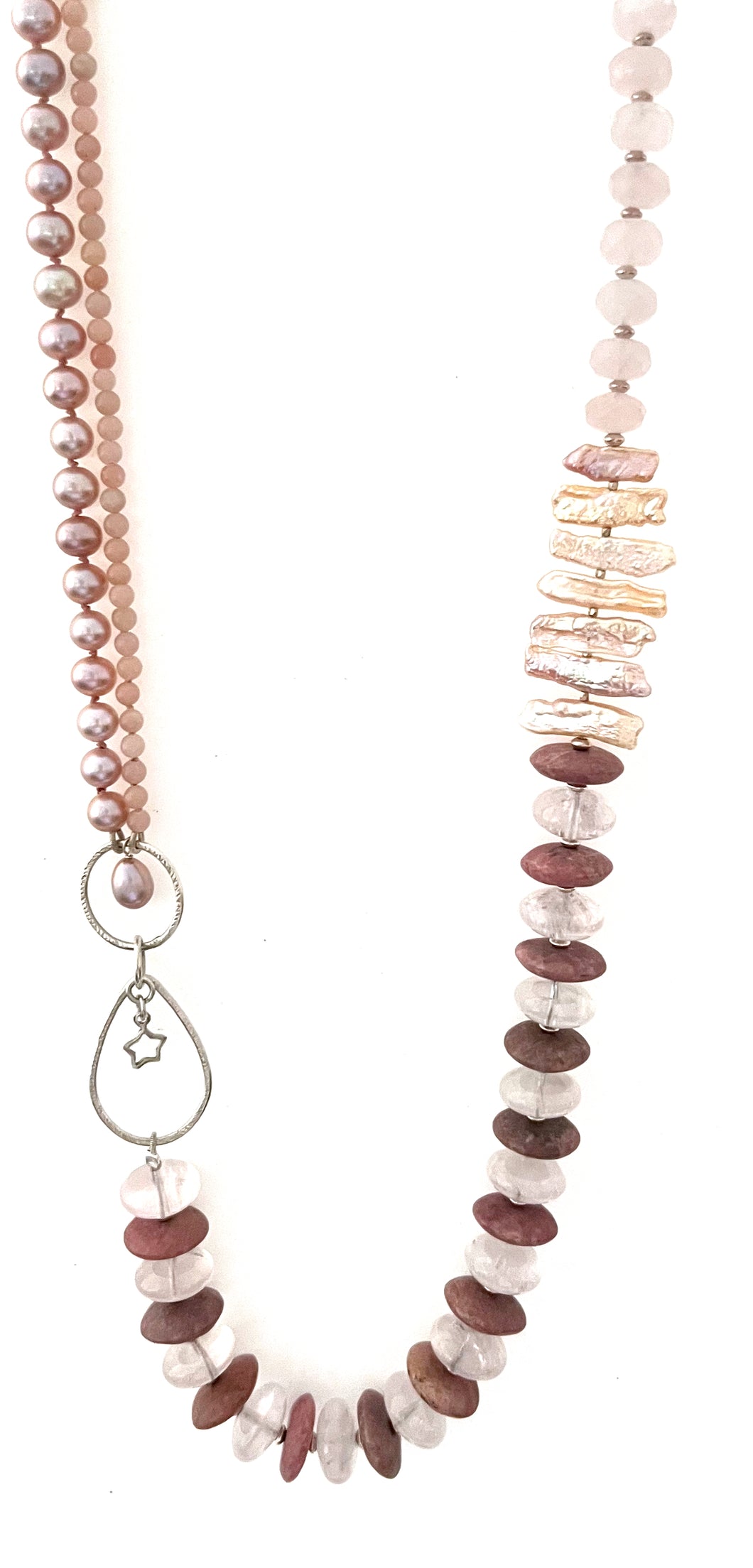 Australian Handmade Pink Necklace with Rose Quartz Aragonite Pearls and Sterling Silver