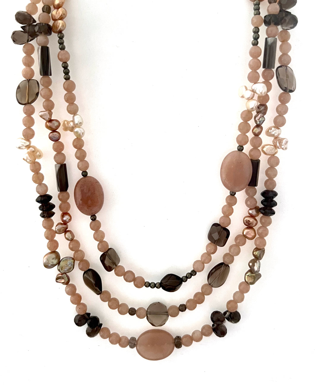 Australian Handmade Pink Necklace with Peach Moonstone Pearls Smoky Quartz and Mother of Pearl