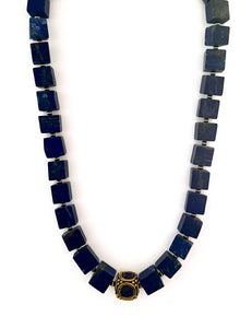 Australian Handmade Blue Necklace with Matt Lapis Lazuli Pyrite and Nepalese Brass Bead inlaid with Lapis