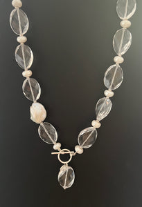 Australian Handmade Crystal Quartz Fob Necklace with Facetted Crystal Quartz Baroque Pearl Pearls and Sterling Silver