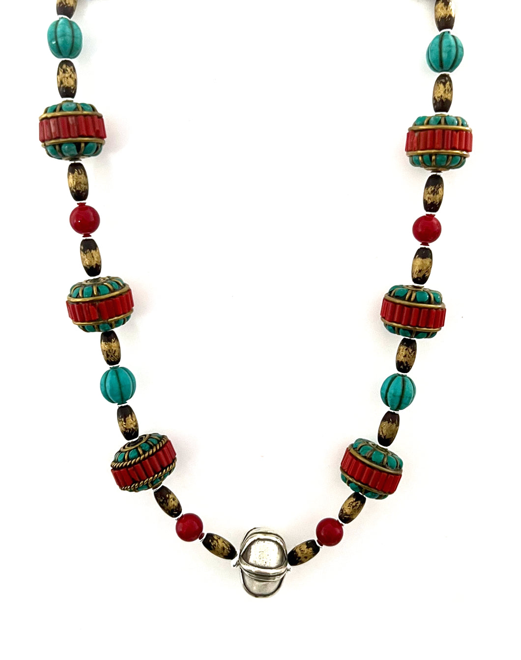 Australian Handmade Red Necklace with Nepalese Beads Brass Beads Coral Howlite and Sterling Silver