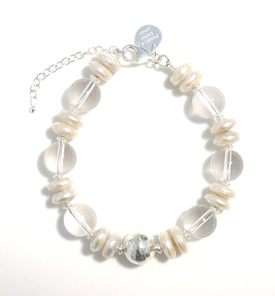 Clear Crystal Quartz Bracelet with Sterling Silver and Coin Pearls