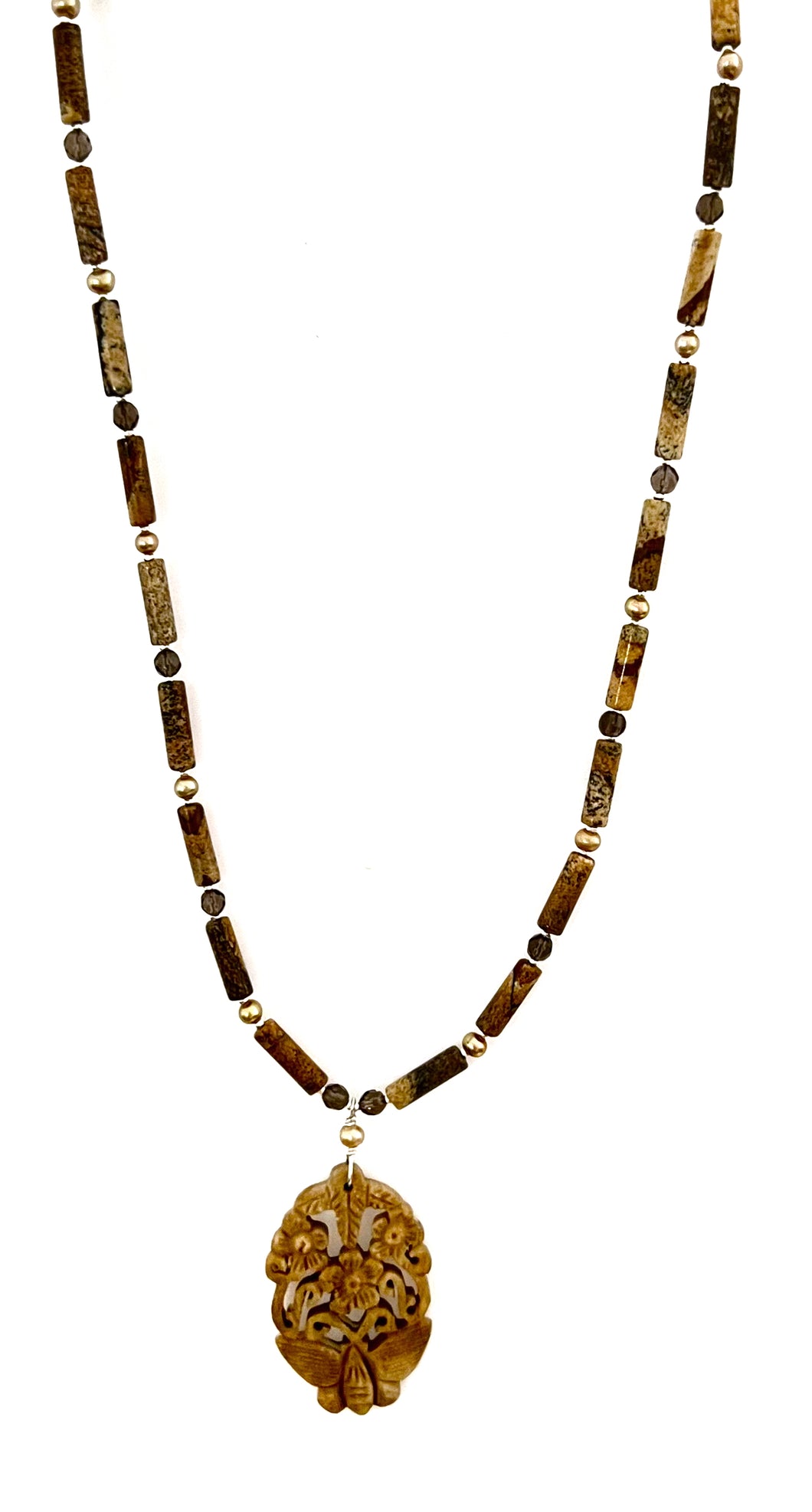 Australian Handmade Brown Necklace with Picture Jasper Smoky Quartz Pearls and Bone Carved Pendant
