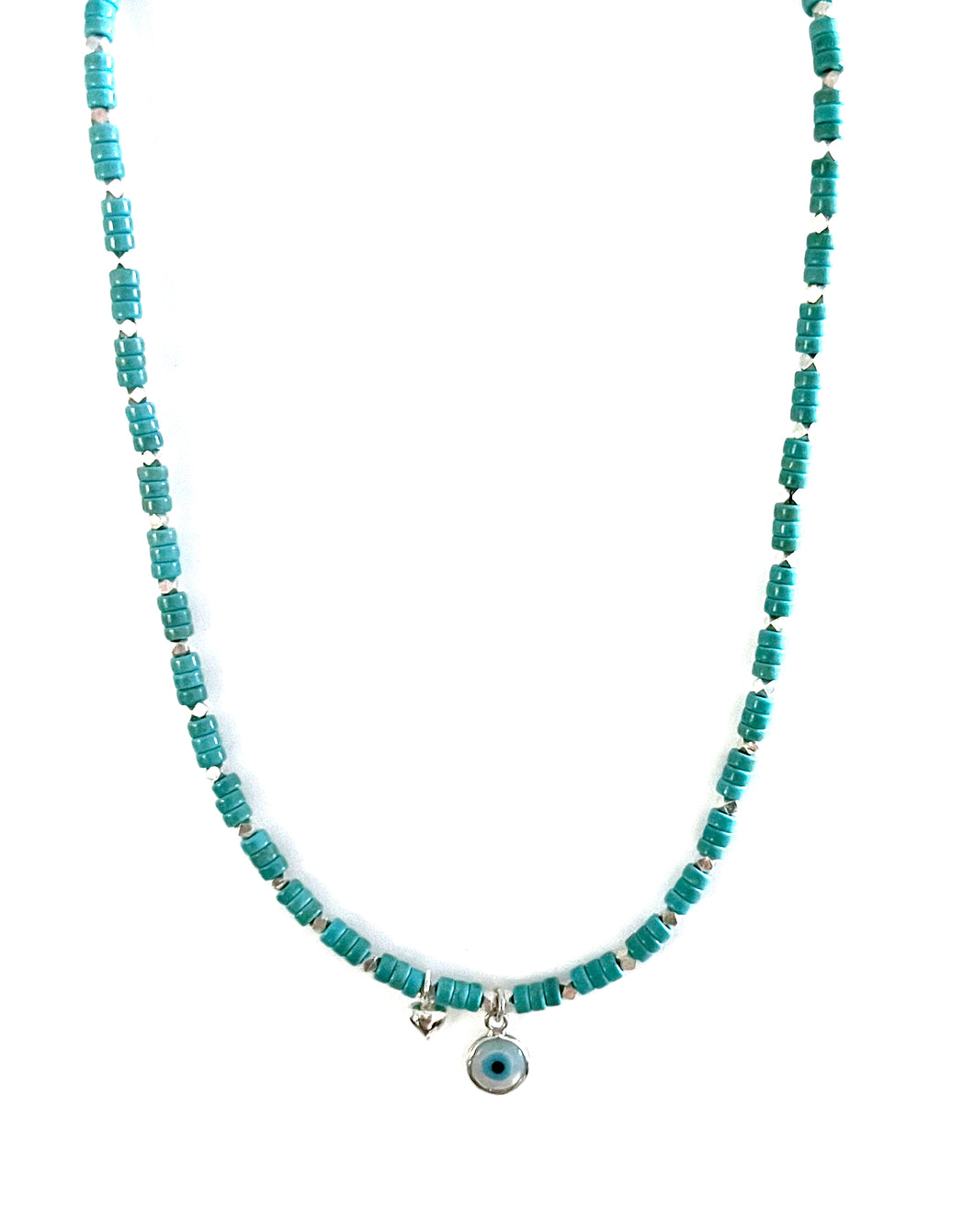 Australian Handmade Turquoise Colour Necklace with Heshi Howlite Evil Eye Charm and Sterling Silver