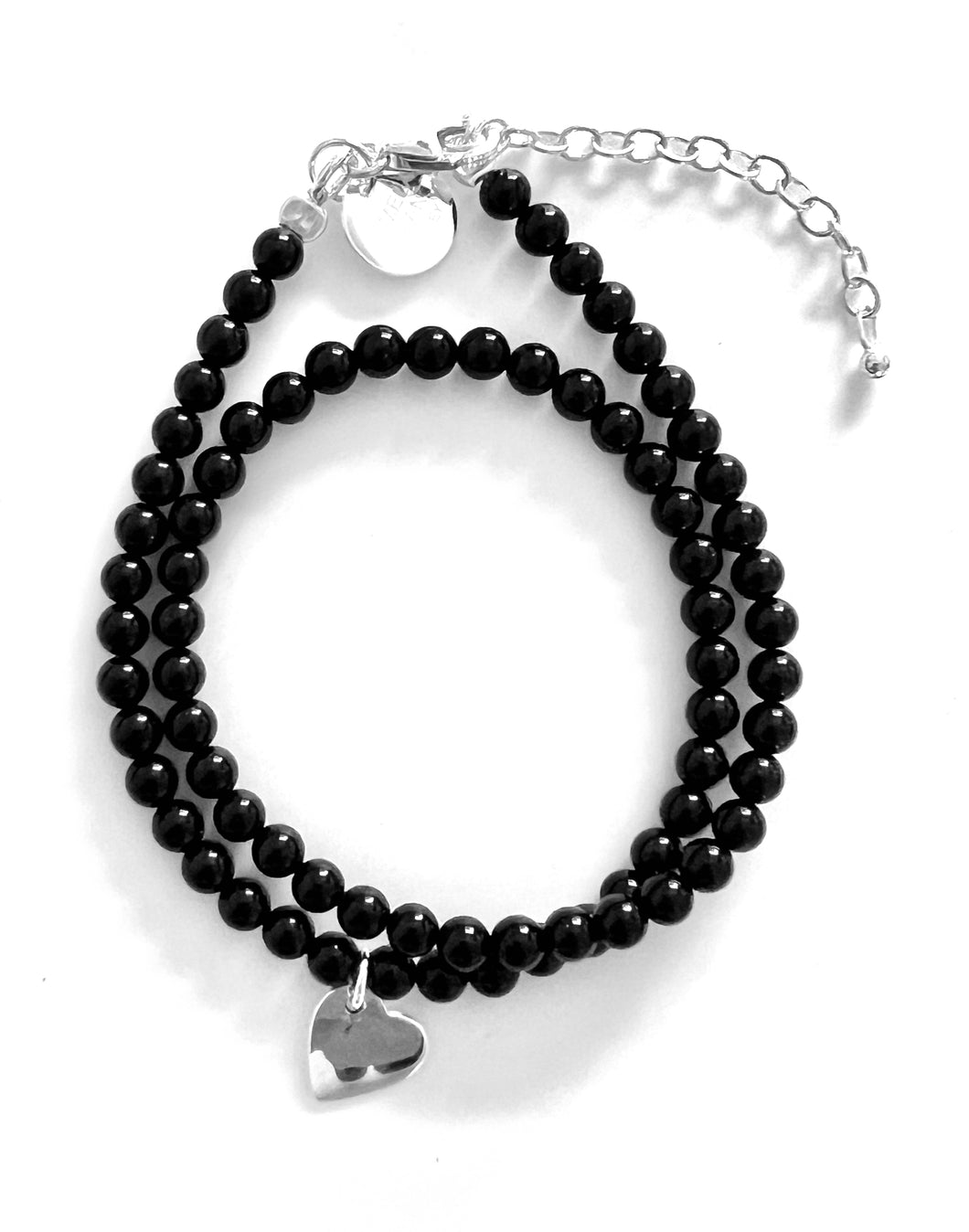 Black Double Wrap Bracelet with Onyx and Sterling Silver Heart