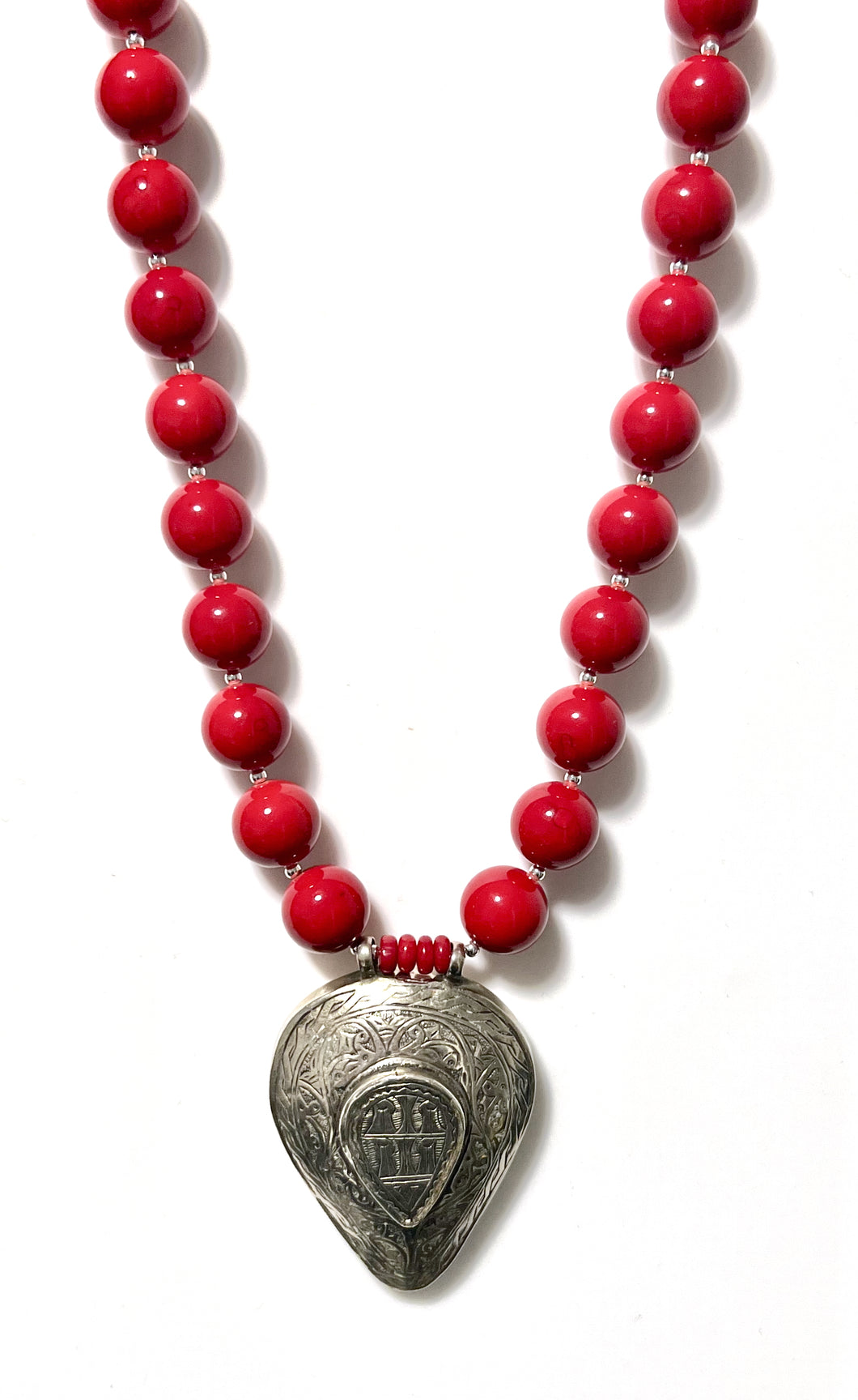 Australian Handmade Red Dyed Coral Necklace with Afghani Silver Pendant