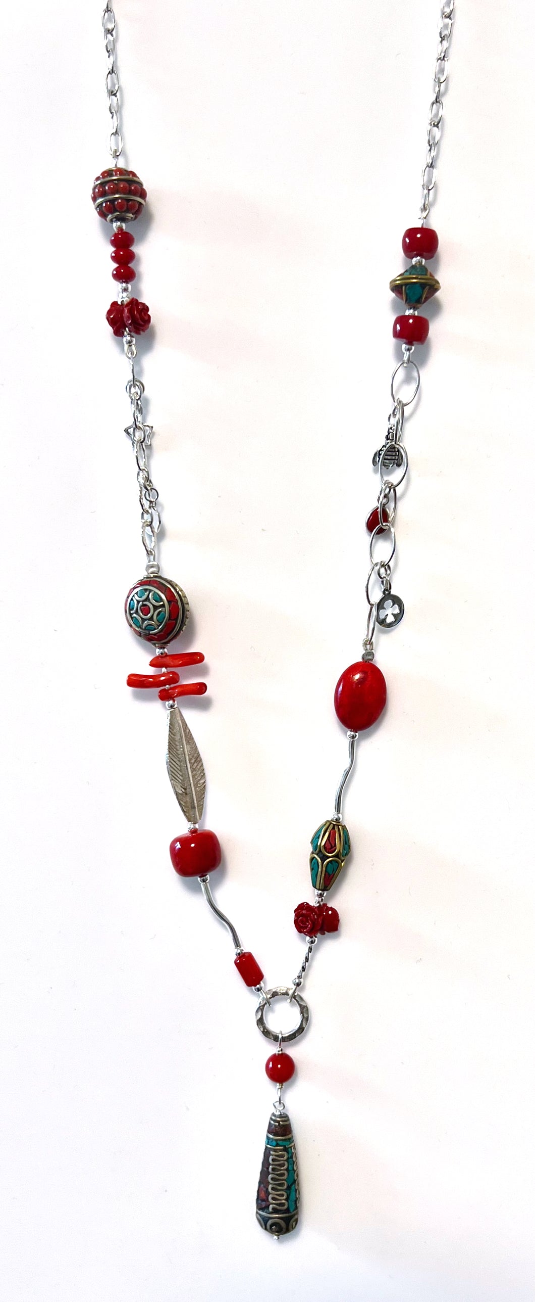 Australian Handmade Red Necklace with Coral Howlite Tibetan and  Nepalese Beads and Sterling Silver