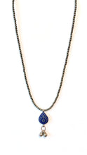 Load image into Gallery viewer, Australian Handmade Blue Necklace with Pyrite and Vintage Blue Enamelled Pendant
