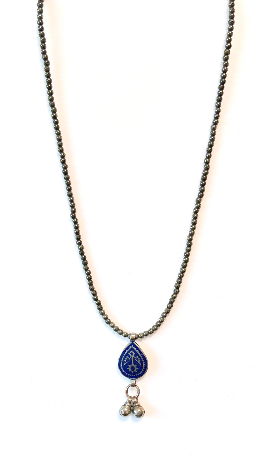 Australian Handmade Blue Necklace with Pyrite and Vintage Blue Enamelled Pendant