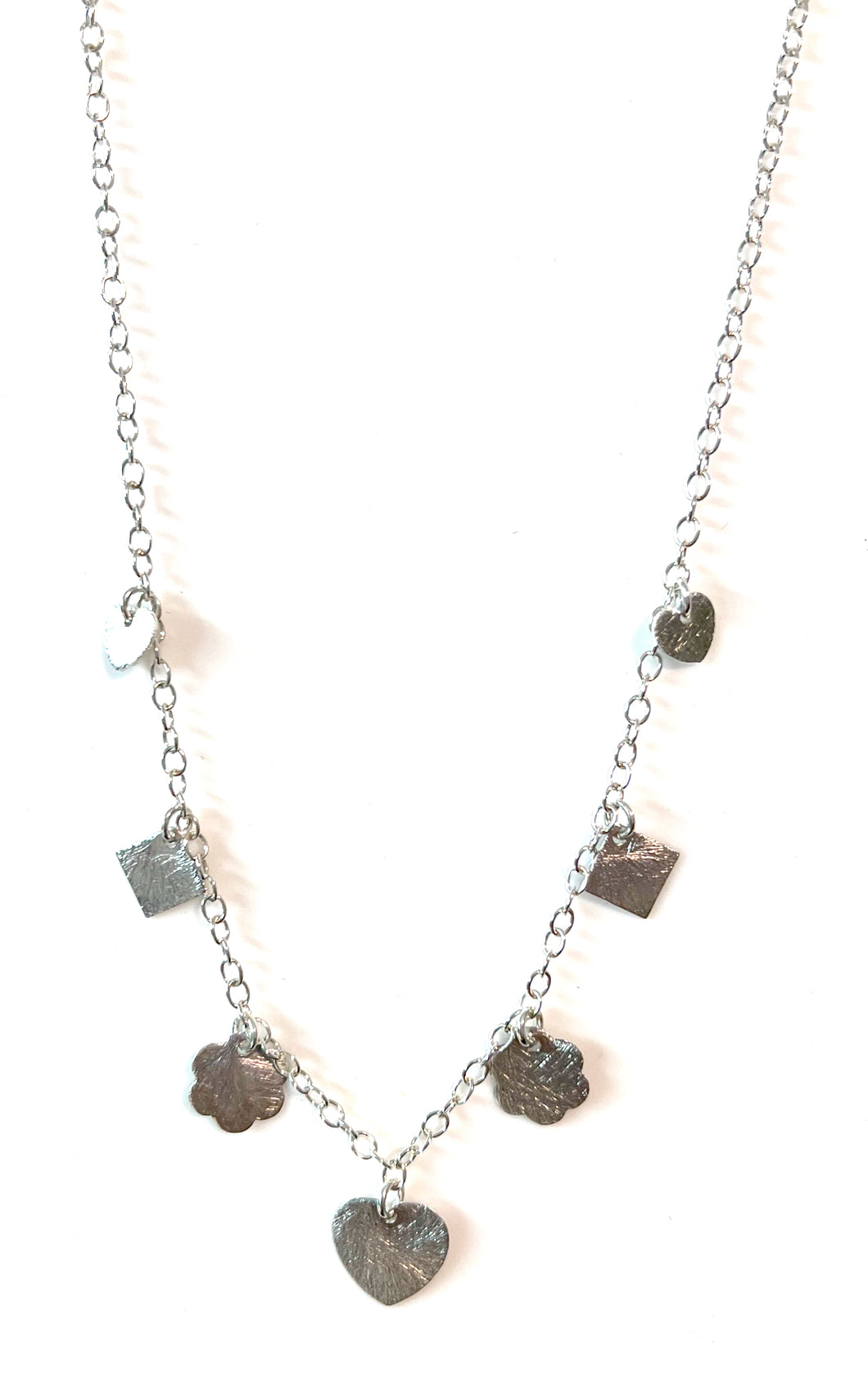 Sterling Silver Necklace with Various Brushed Silver Charms