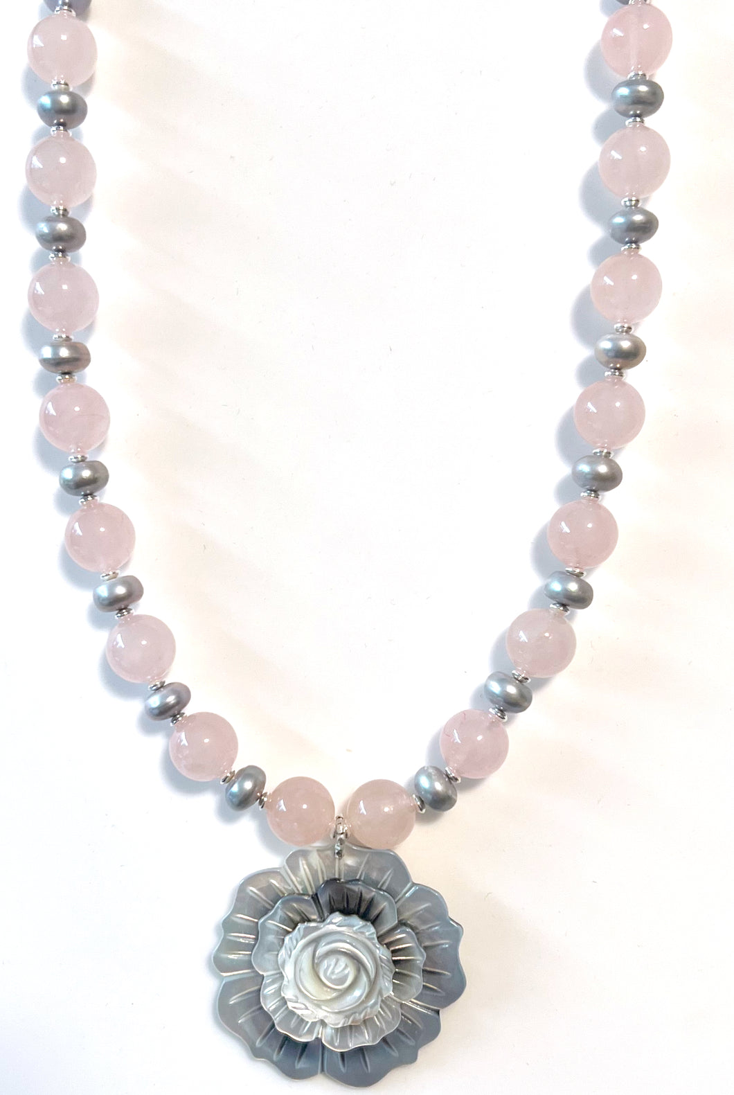 Australian Handmade Pink Necklace with Rose Quartz Grey Pearls Mother of Pearl Flower and Sterling Silver