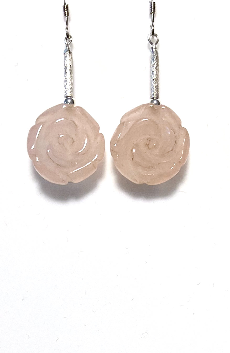 Pink Earrings with Carved Rose Quartz Flower and Sterling Silver