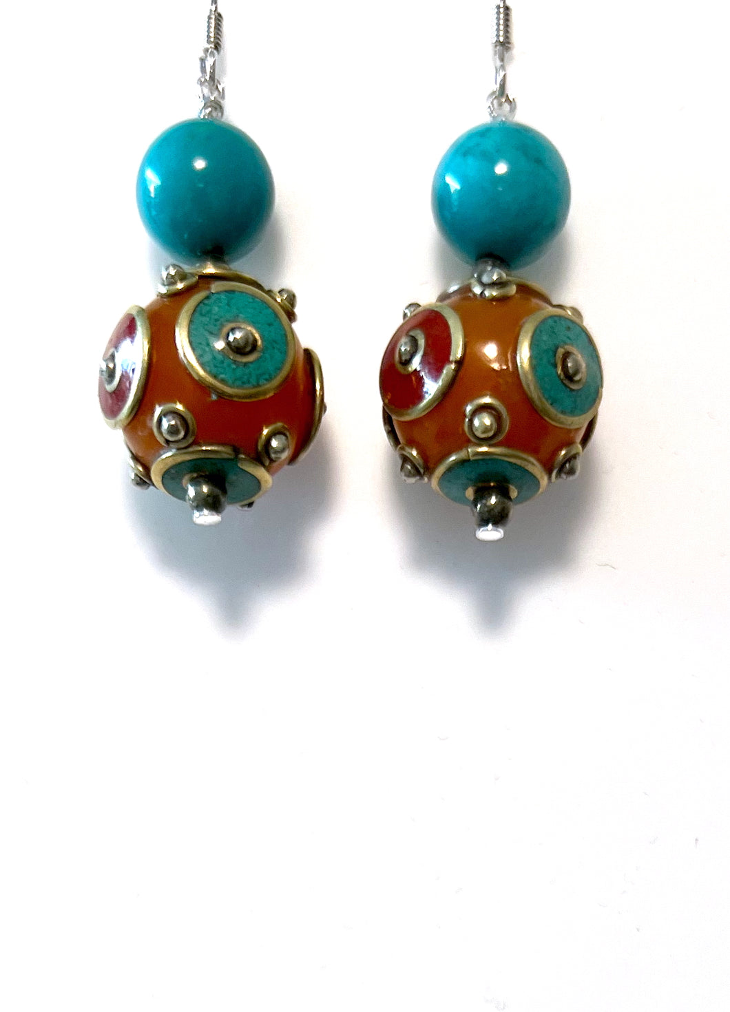 Turquoise Colour Earrings with Nepalese Bead and Sterling Silver