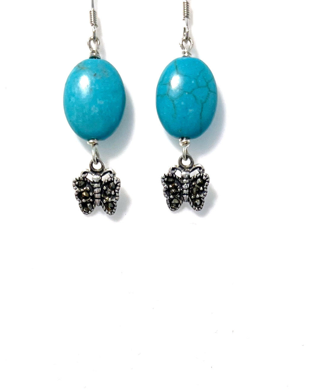 Turquoise Colour Earrings with Howlite Marcasite Butterfly and Sterling Silver