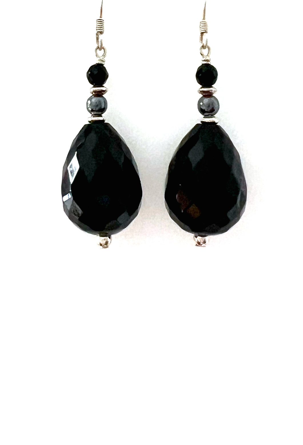 Black Earrings with Facetted Onyx Hematite and Sterling Silver