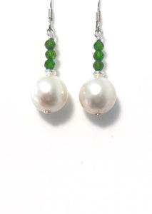 White Pearl Earrings with Chrome Diopside and Sterling Silver