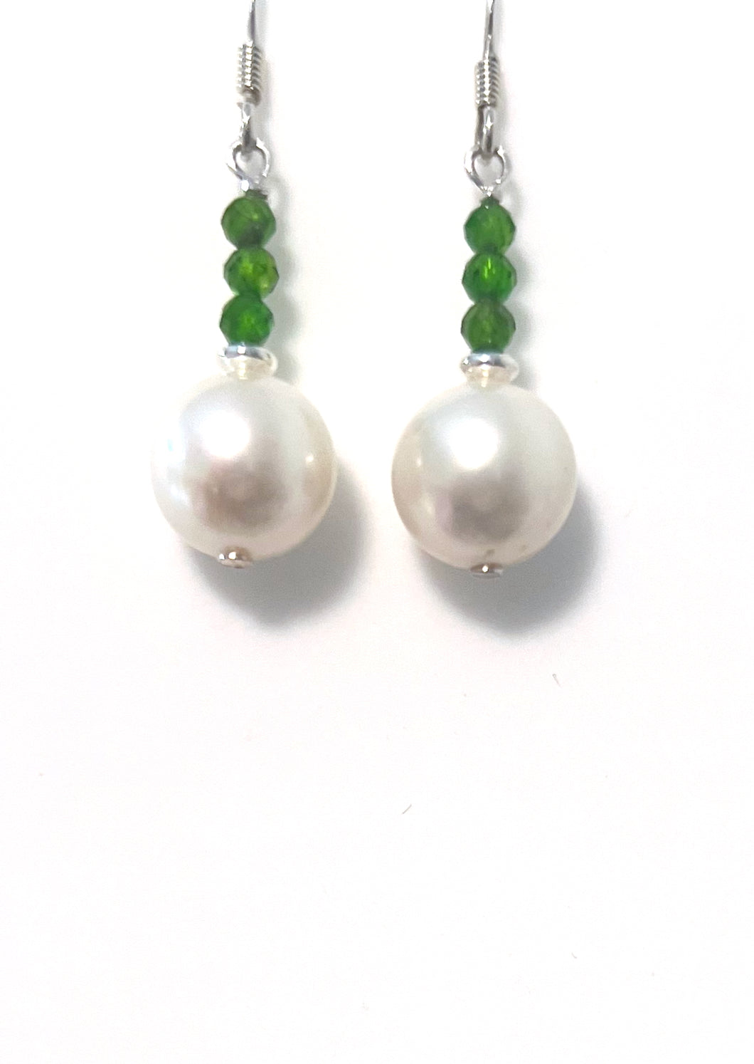 White Pearl Earrings with Chrome Diopside and Sterling Silver