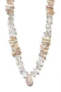 Australian Handmade Necklace with Crystal Quartz Rose Quartz Centrepiece Natural Pink Colour Pearls and Sterling Silver