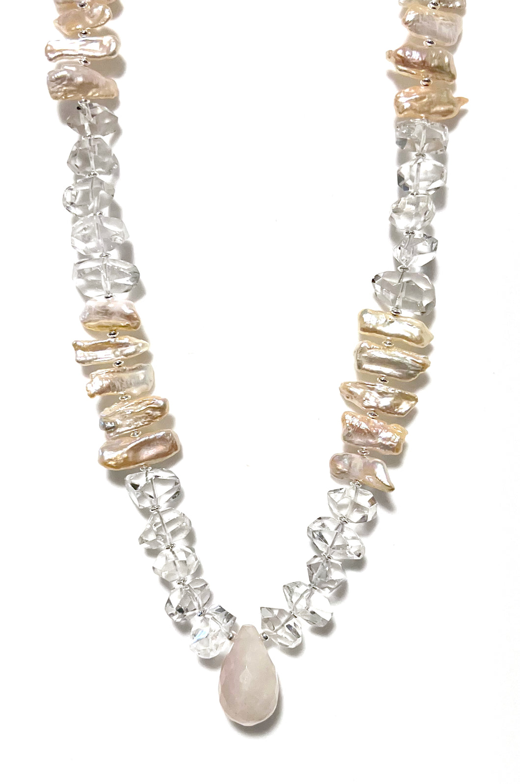 Australian Handmade Necklace with Crystal Quartz Rose Quartz Centrepiece Natural Pink Colour Pearls and Sterling Silver