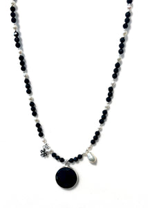 Australian Handmade Black Necklace with Facetted Black Spinel Pearls Black Onyx Pendant and Sterling Silver