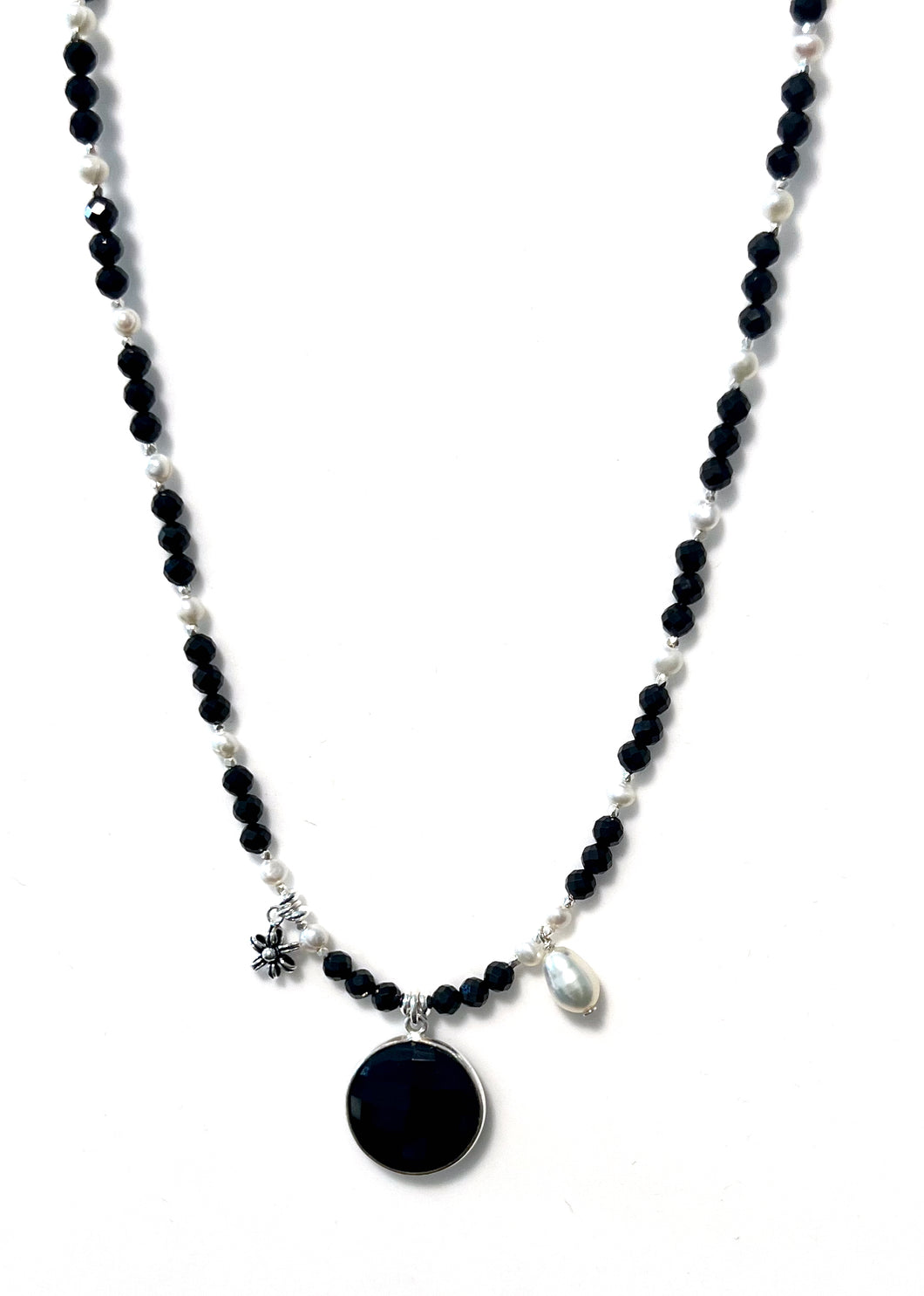 Australian Handmade Black Necklace with Facetted Black Spinel Pearls Black Onyx Pendant and Sterling Silver