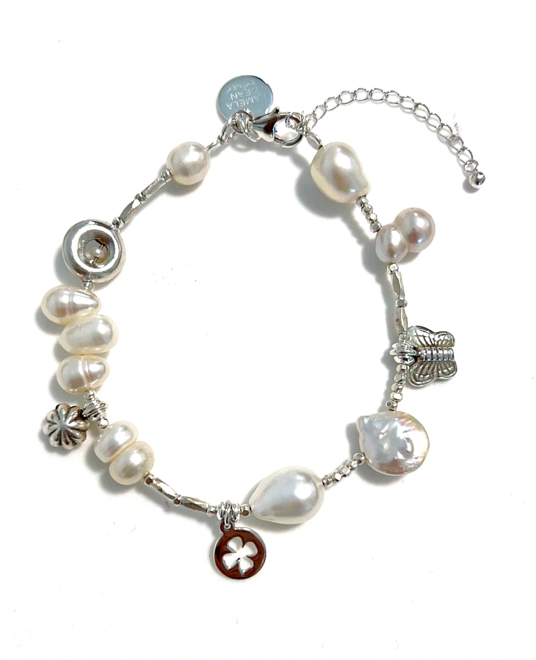 White Pearl Bracelet with Sterling Silver Charms