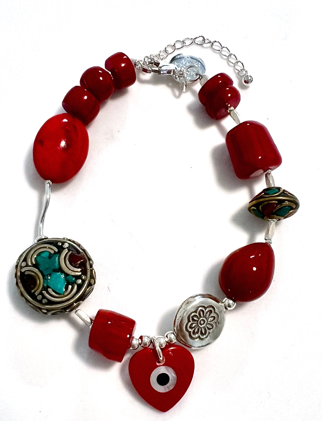 Red  Bracelet with Sterling Silver Nepalese Beads Howlite and Coral