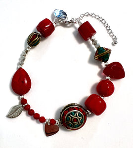 Red Bracelet with Howlite Coral Nepalese Beads and Sterling Silver