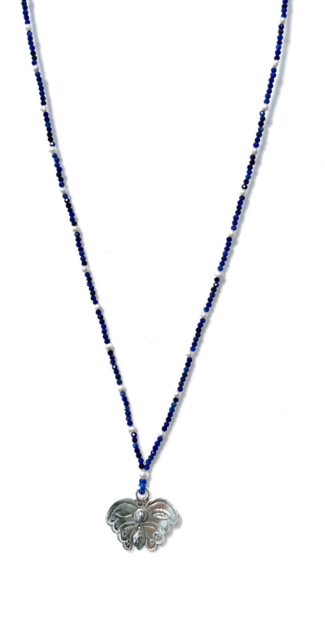 Australian Handmade Blue Necklace with Facetted Lapis Lazuli Pearls and Sterling Silver Butterfly
