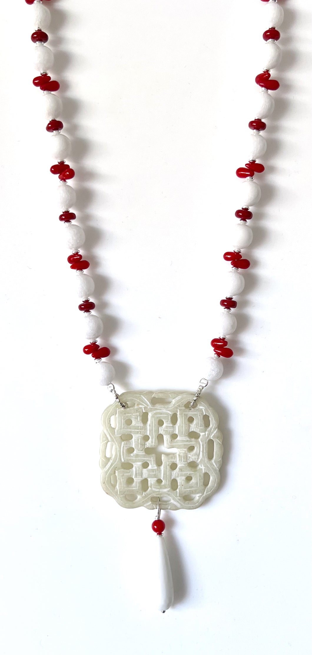 Australian Handmade White and Red Necklace with Jade Pendant and Jasper and Red Beads