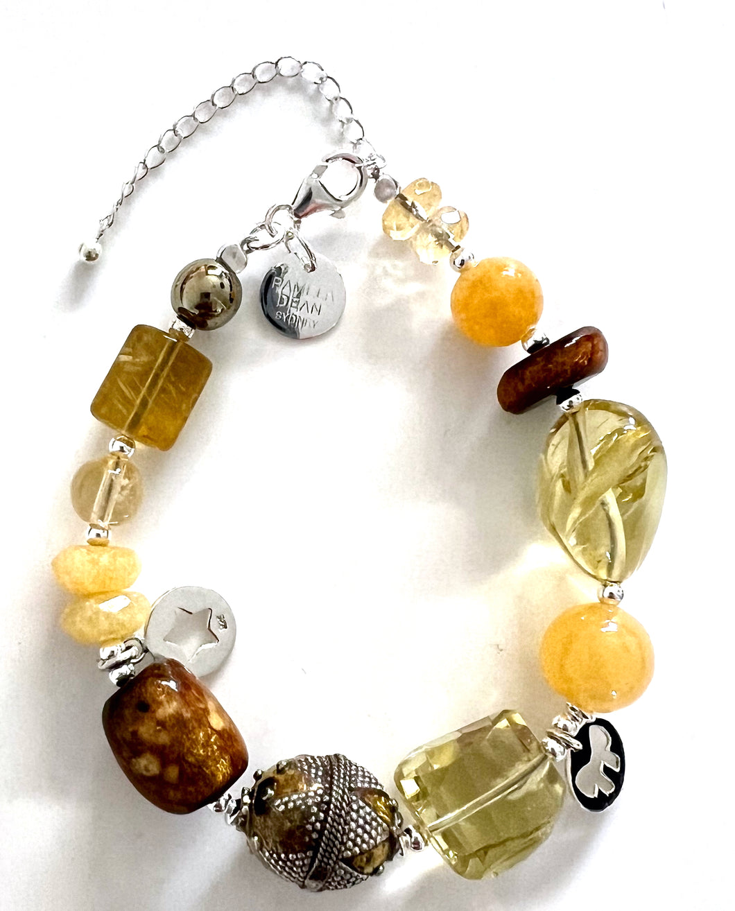 Yellow Bracelet with Afghani Bead Yellow Jade Citrine Pyrite Pearl and Sterling Silver