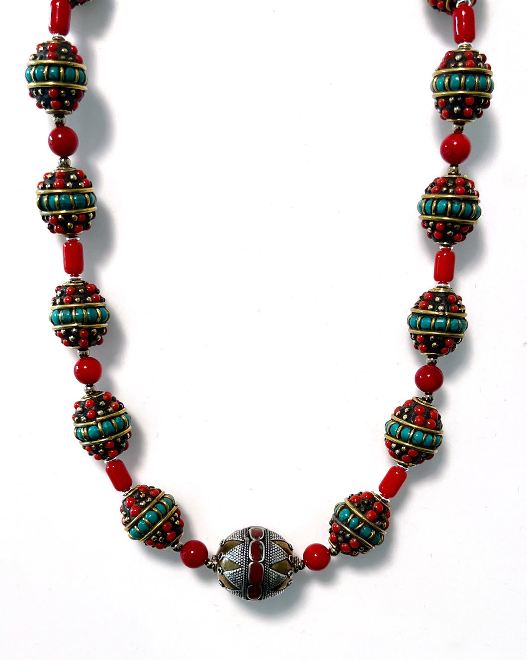 Australian Handmade Red Necklace with Nepalese Beads Pyrite Coral and Afghani Bead Centrepiece
