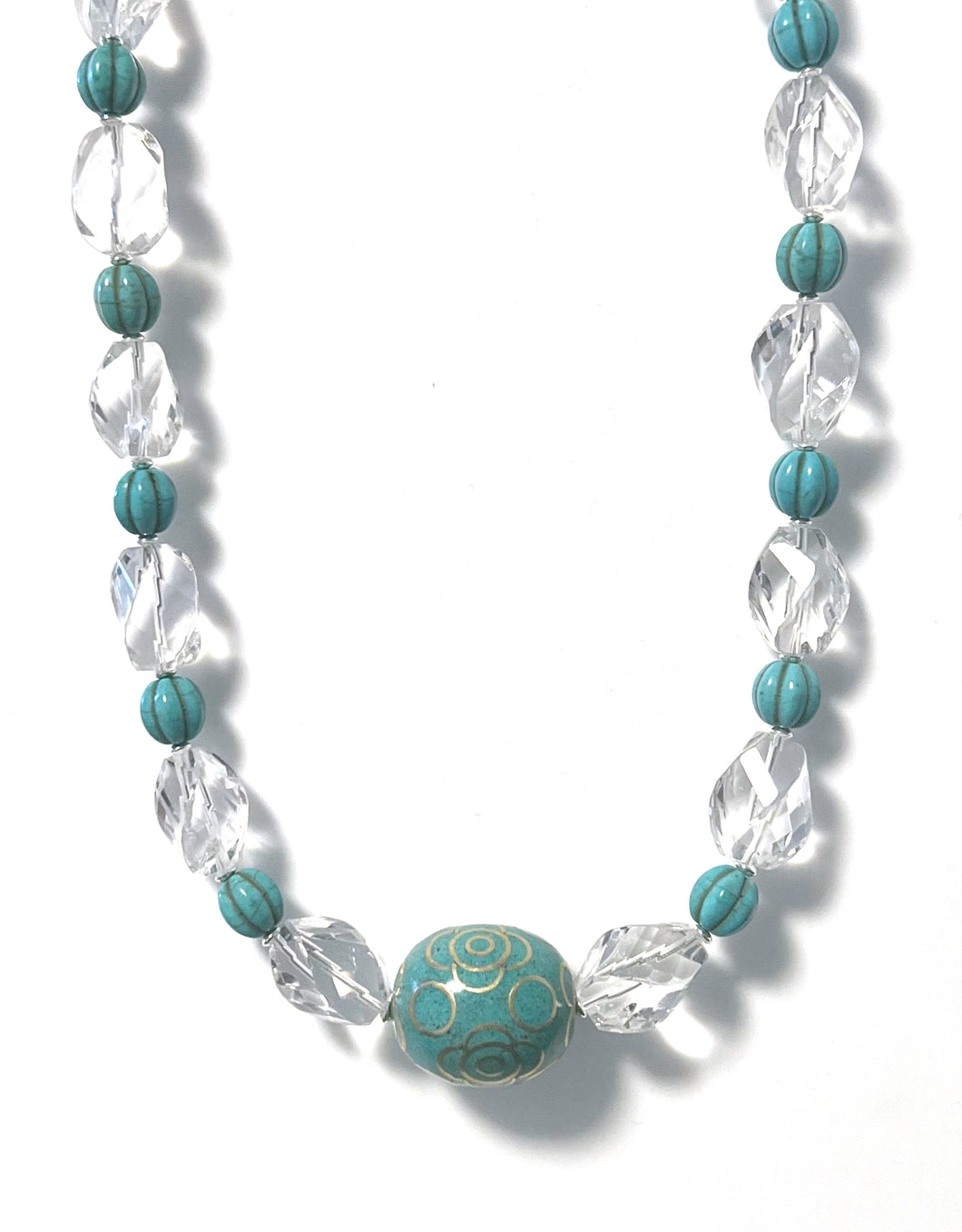 Australian Handmade Turquoise Colour Necklace with Howlite Crystal Quartz and Tibetan Bead Centrepiece