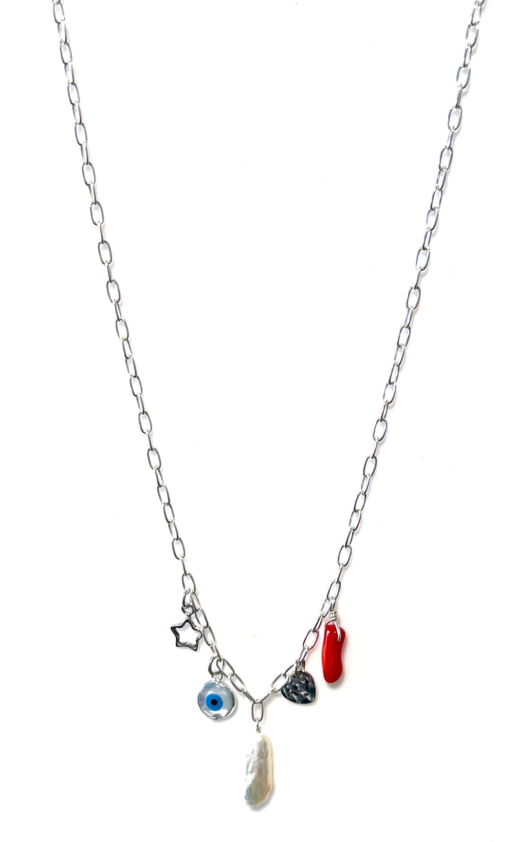 Sterling Silver Necklace with Pearl Evil Eye and Charms