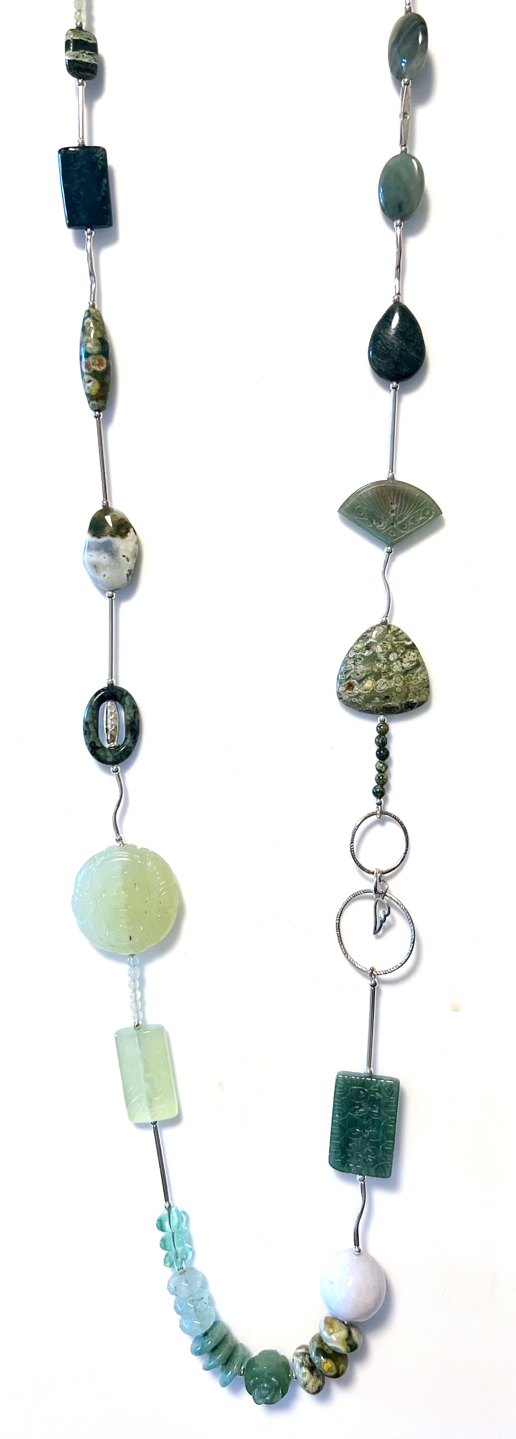Australian Handmade Green Long Necklace with Aventurine Rhyolite Jasper Jade Prenite Agate and Sterling Silver