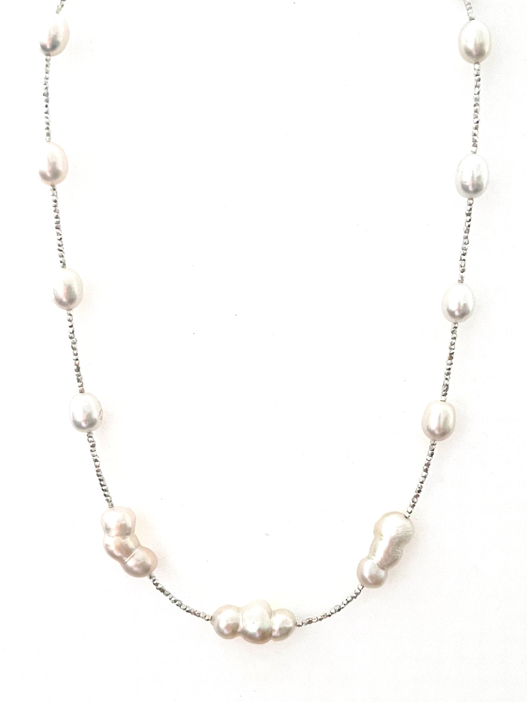 Australian Handmade White Pearl Necklace with Variegated Pearls and Sterling Silver