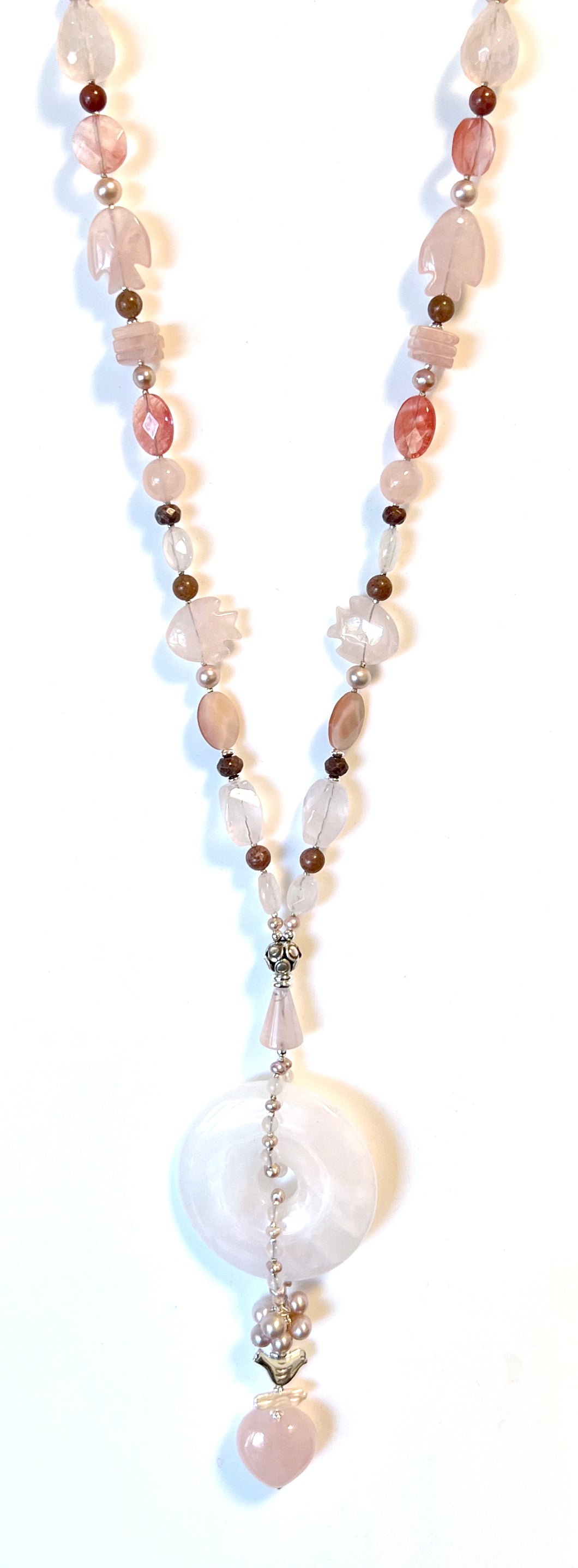 Australian Handmade Pink Necklace with Rose Quartz Pearls Rose Aventurine Rhodonite and Sterling Silver