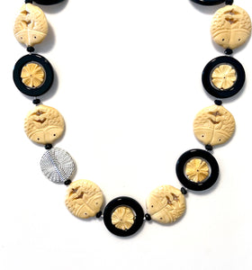 Australian Handmade Black and Cream Necklace with Onyx Carved Cowbone and Sterling Silver