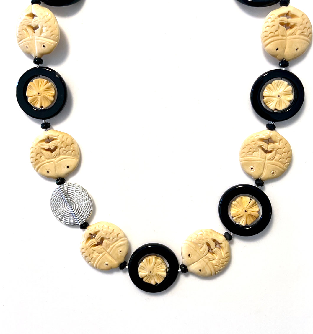 Australian Handmade Black and Cream Necklace with Onyx Carved Cowbone and Sterling Silver
