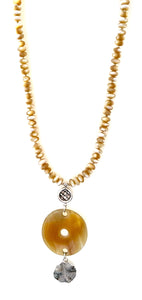 Australian Handmade Yellow Necklace with Mother of Pearl Beads Horn Centrepiece and Sterling Silver