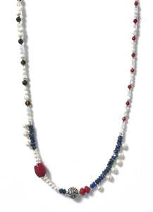 Australian Handmade Red and Blue Necklace with Moonstone Lapis Lazuli Mother of Pearl Red Beads and Sterling Silver