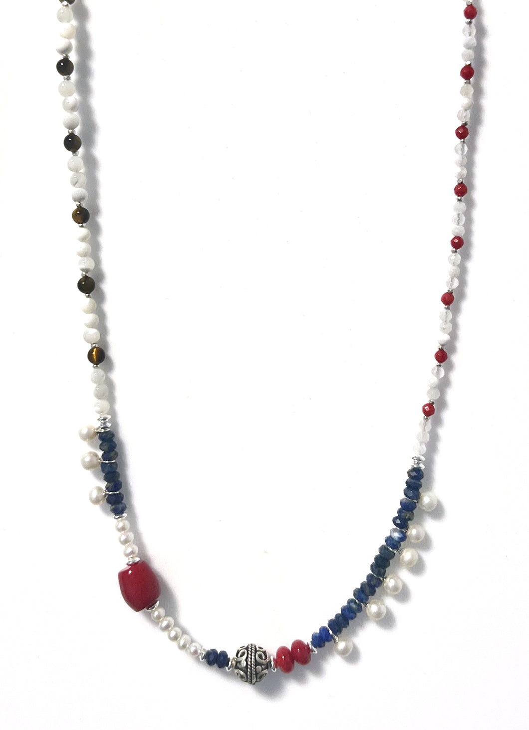 Australian Handmade Red and Blue Necklace with Moonstone Lapis Lazuli Mother of Pearl Red Beads and Sterling Silver