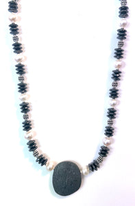Australian Handmade Grey Necklace with Hematite Pearls Specularite Quartz Pendant and Sterling Silver