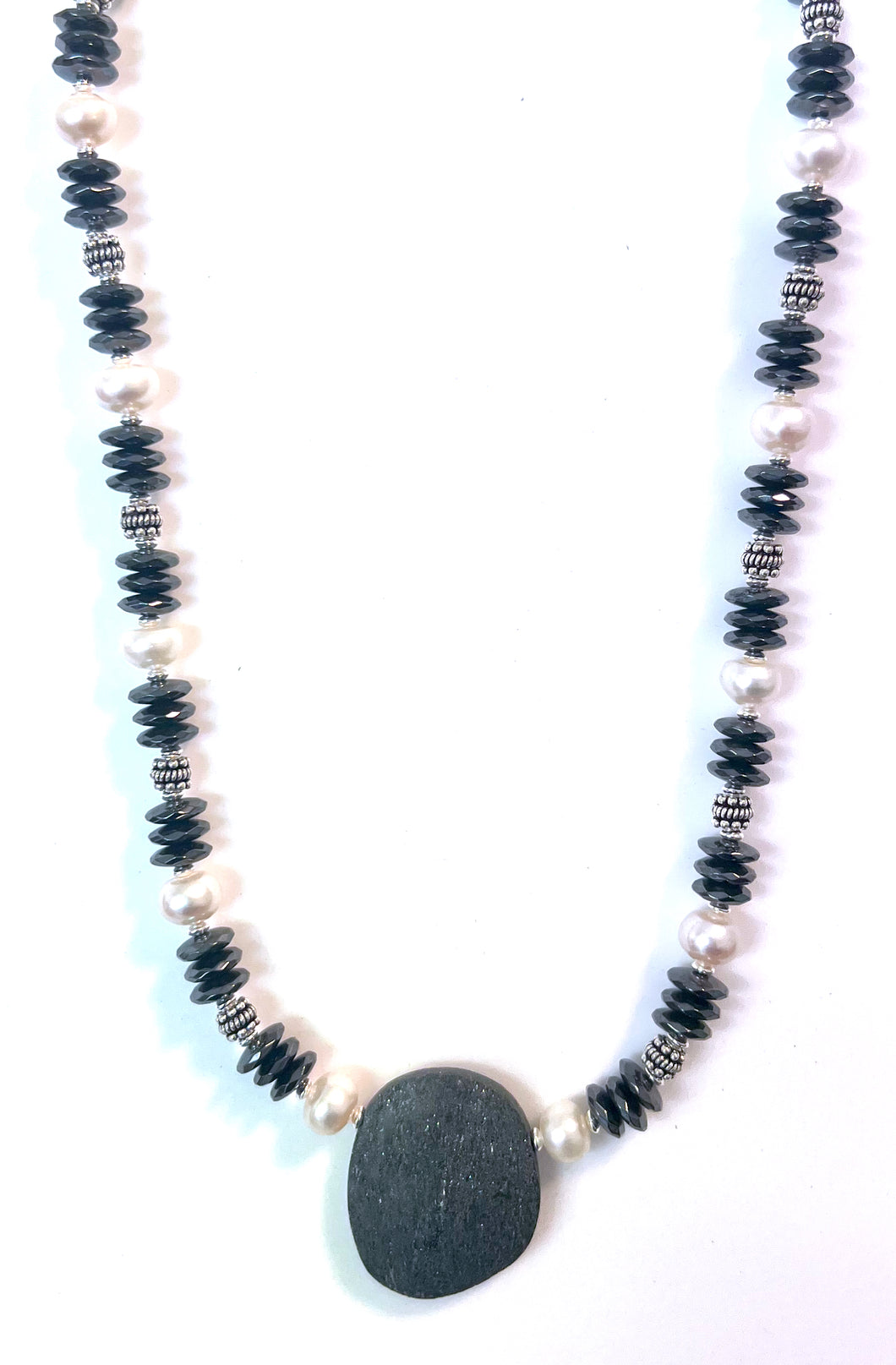 Australian Handmade Grey Necklace with Hematite Pearls Specularite Quartz Pendant and Sterling Silver