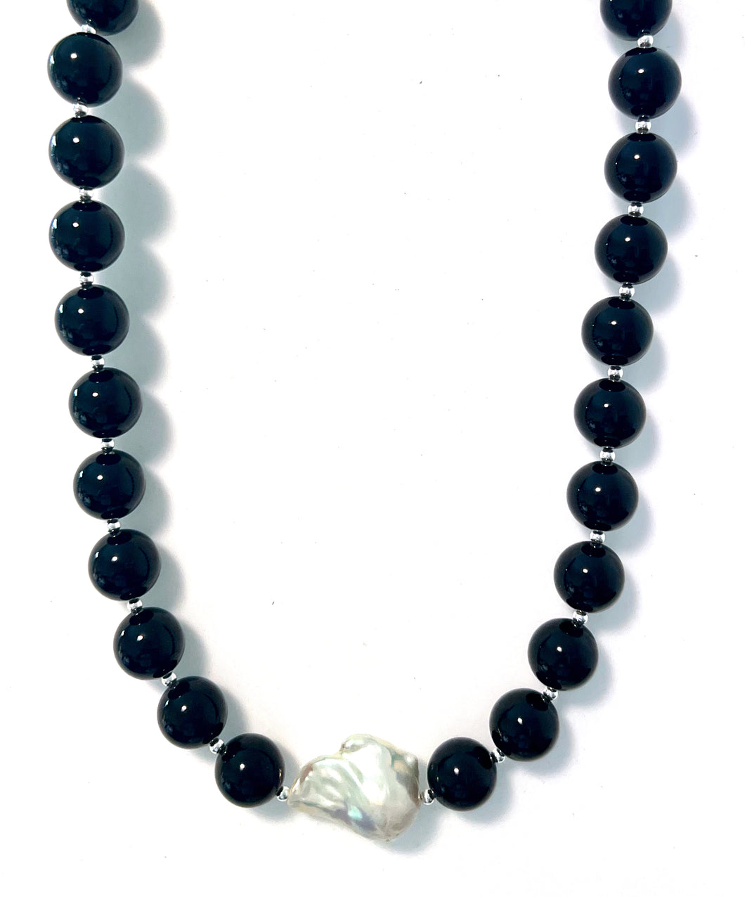 Australian Handmade Black Necklace with Polished Onyx Baroque Pearl  and Sterling Silver