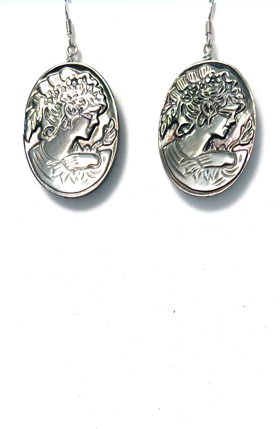 Grey Carved Mother of Pearl Cameo Earrings