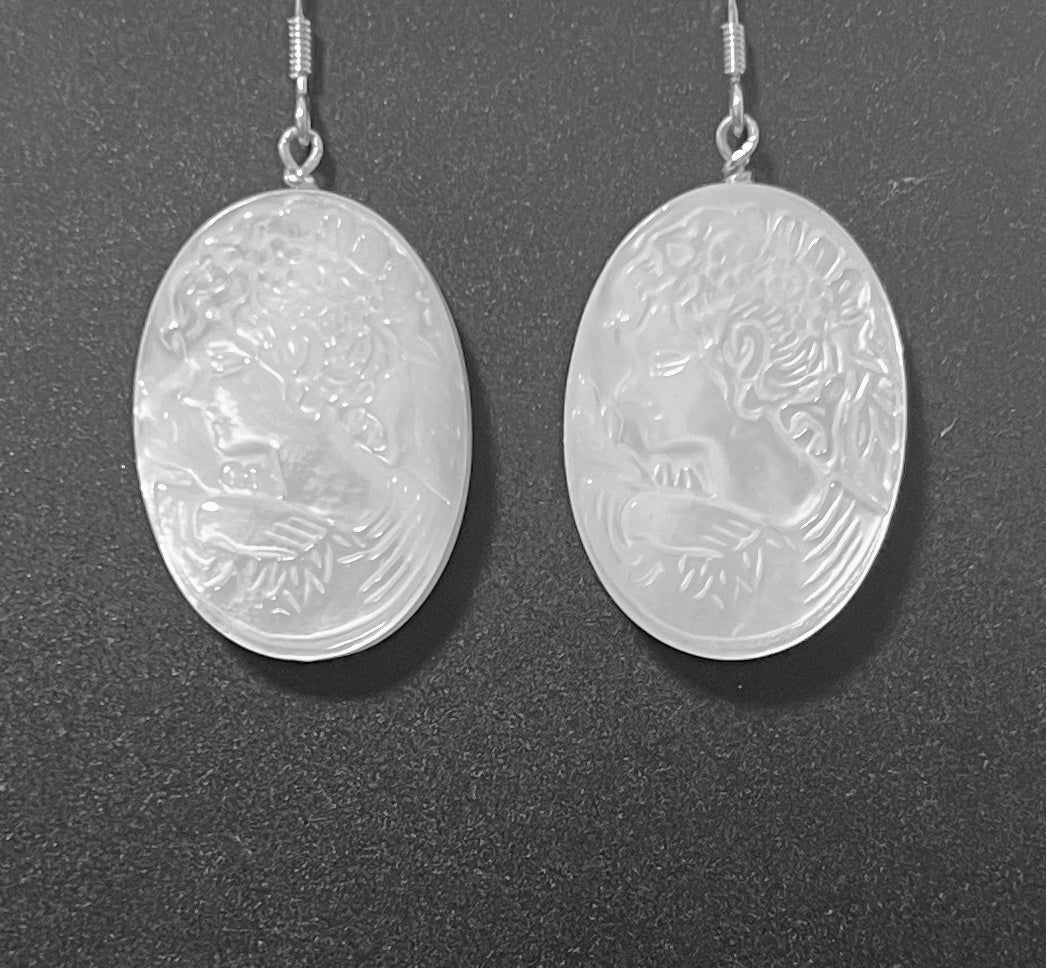 White Earrings with Mother Of Pearl Cameo and Sterling Silver